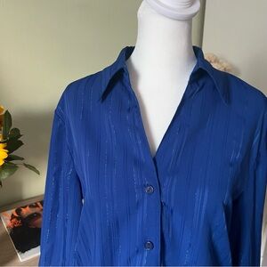 Vintage Bright Blue Glitter Threads Formal 3/4 Sleeve Button Down Modest Shirt S